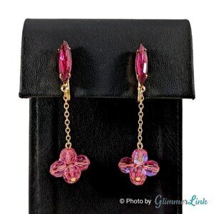 VTG Pink Rhinestone AB Beaded Dangling Cluster Gold Tone Clip On Earrings